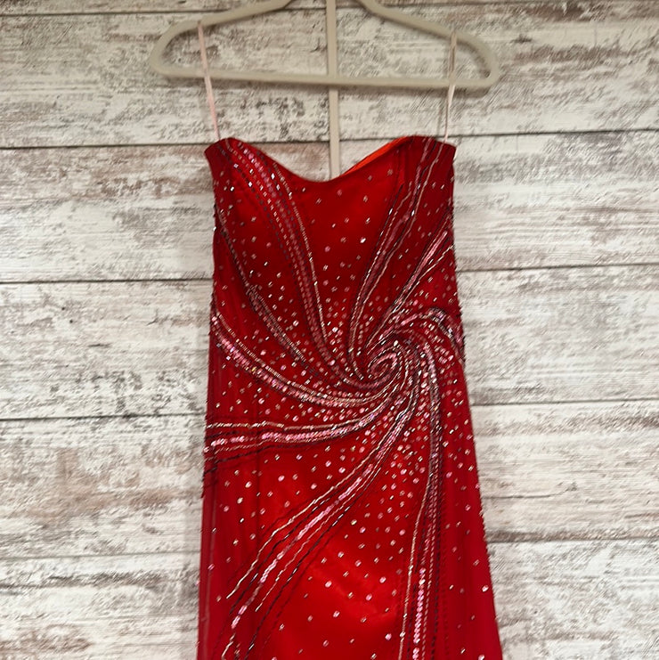 RED BEADED LONG EVENING GOWN
