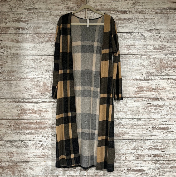 TAN/GRAY LONG OPEN CARDIGAN