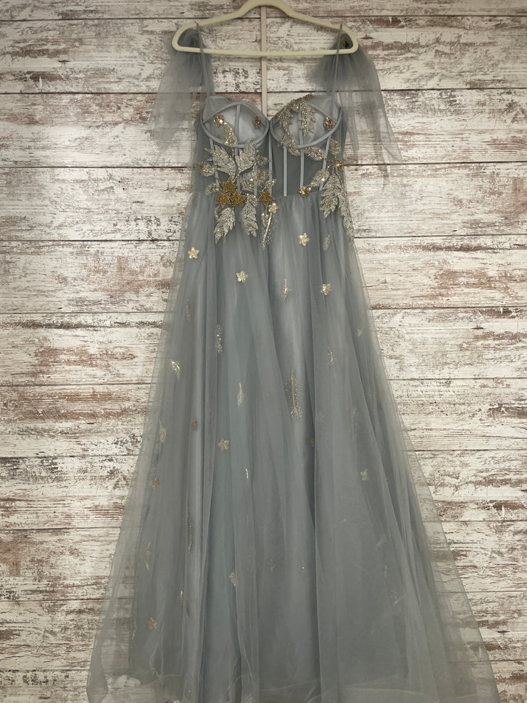 GRAY/GOLD FLORAL A LINE GOWN
