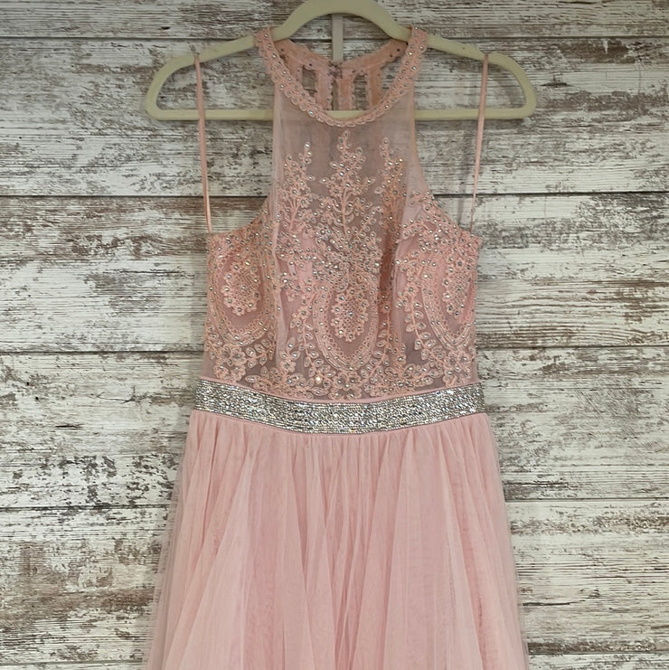 PINK RUFFLED A LINE GOWN