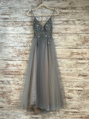 GRAY BEADED TOP A LINE GOWN