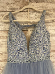 BLUE RUFFLED A LINE GOWN