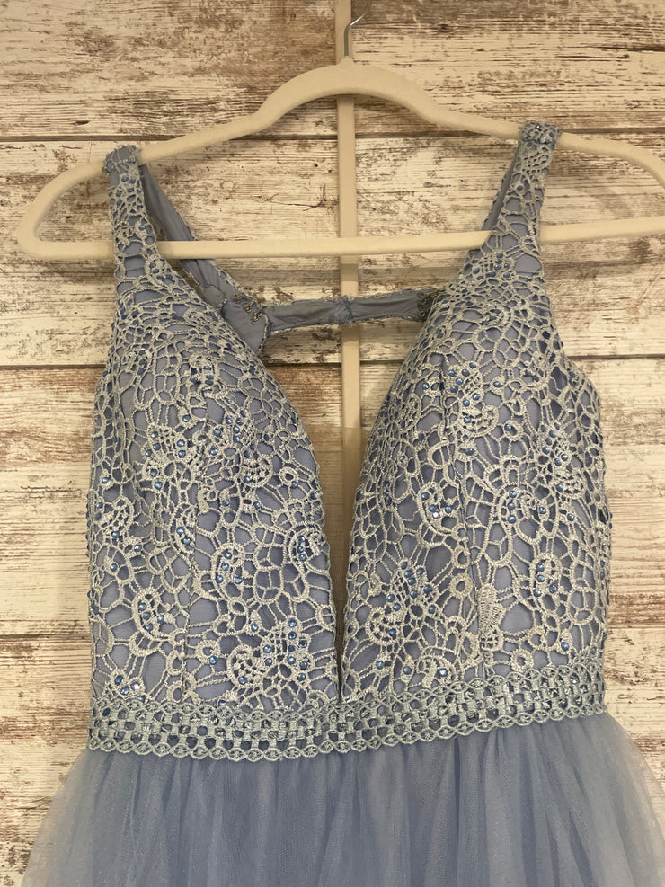 BLUE RUFFLED A LINE GOWN
