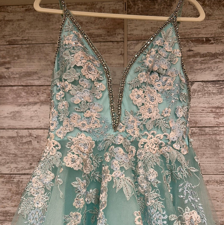 BLUE/GREEN FLORAL A LINE GOWN