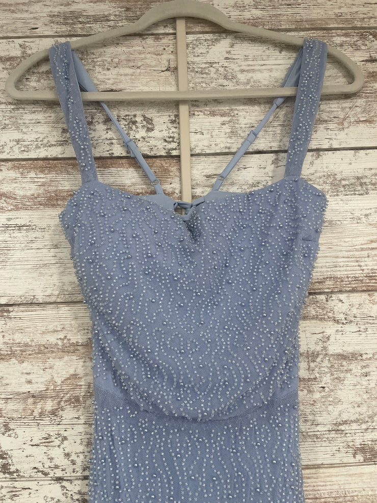 BLUE BEADED LONG EVENING GOWN