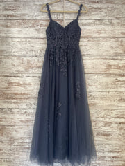 BLUE/GRAY FLORAL A LINE GOWN