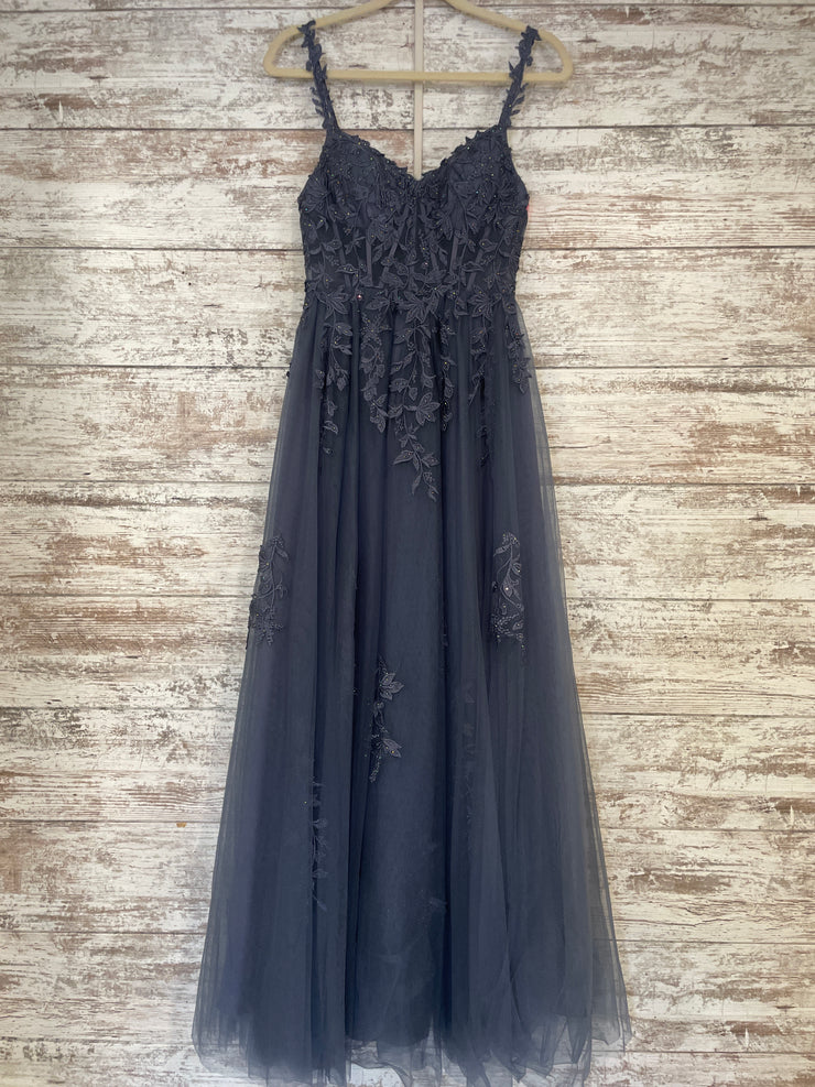 BLUE/GRAY FLORAL A LINE GOWN