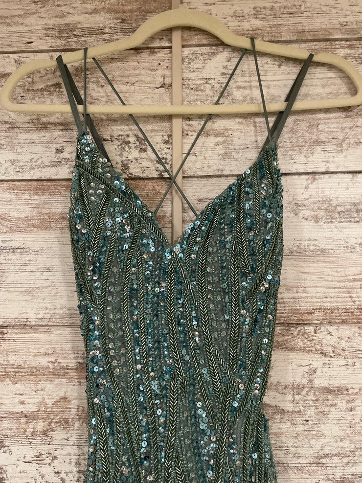 GREEN BEADED LONG EVENING GOWN