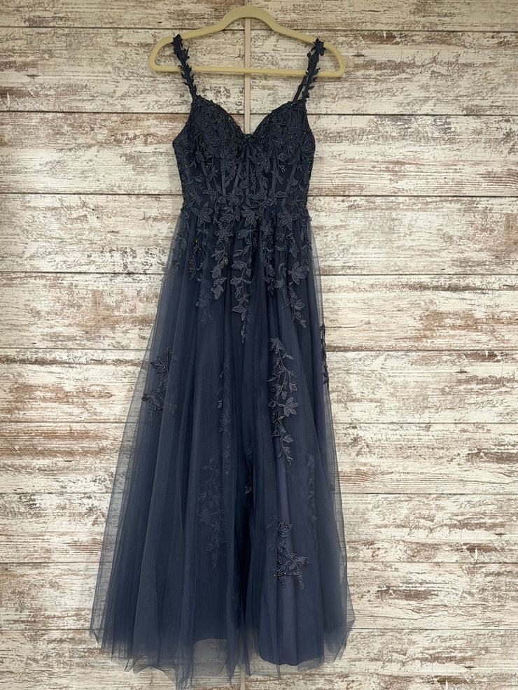 BLUE/GRAY FLORAL A LINE GOWN