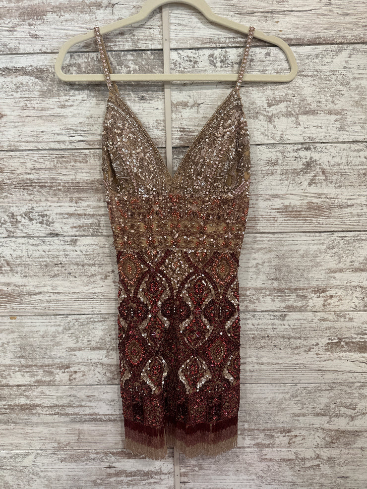 WINE/GOLD BEADED DRESS $750