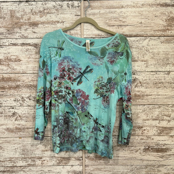 TEAL/FLORAL SHORT SLEEVE TOP