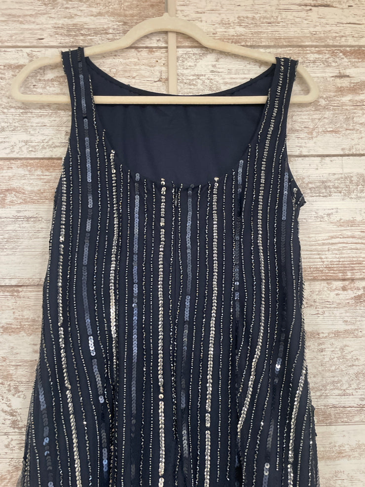 NAVY/SILVER BEADED LONG DRESS