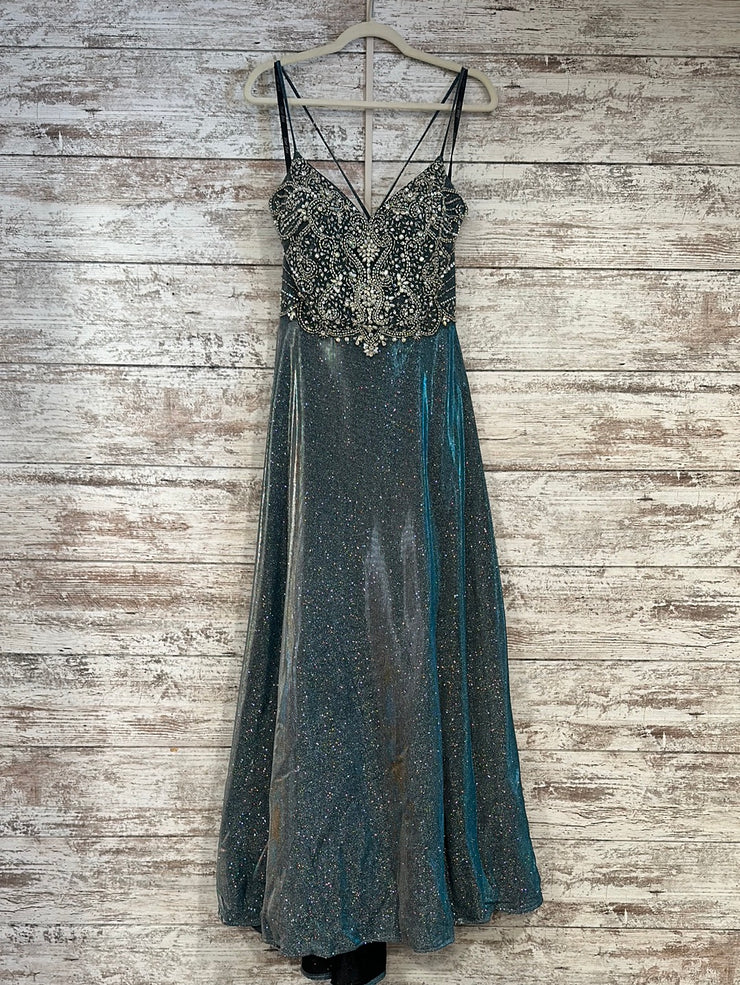 BLUE SPARKLY A LINE GOWN