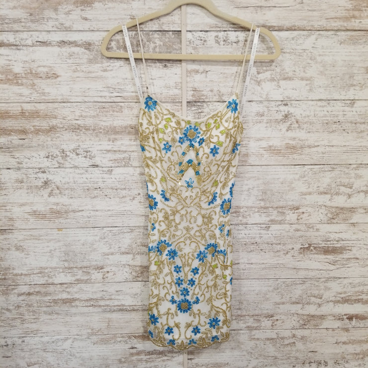 WHITE/GOLD/TEAL SHORT DRESS