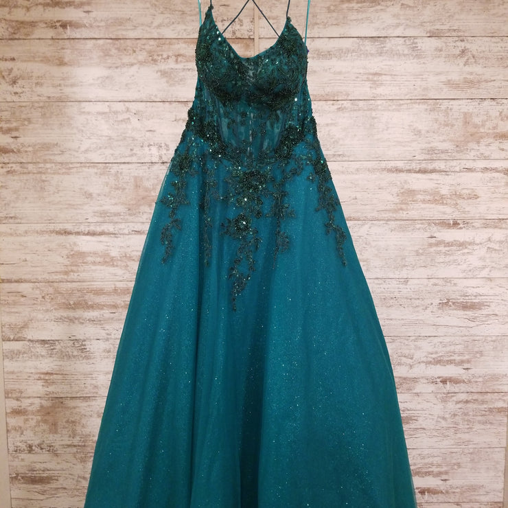 GREEN SPARKLY A LINE GOWN
