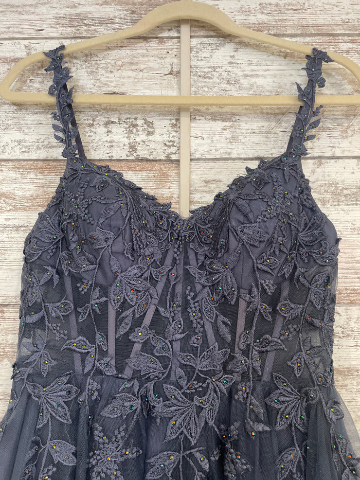BLUE/GRAY FLORAL A LINE GOWN