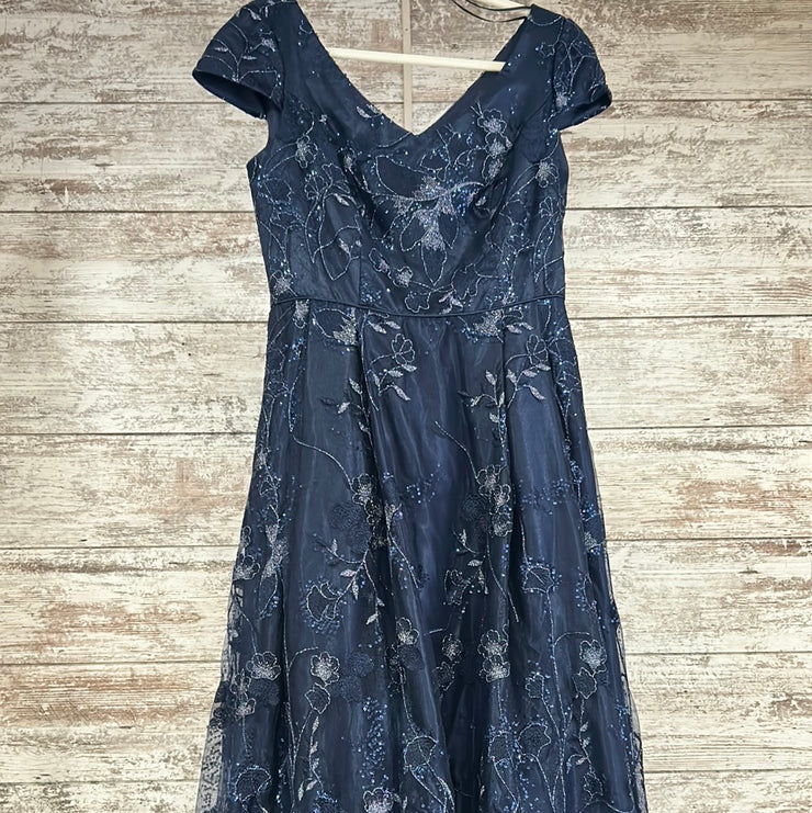 NAVY/SILVER FLORAL A LINE GOWN