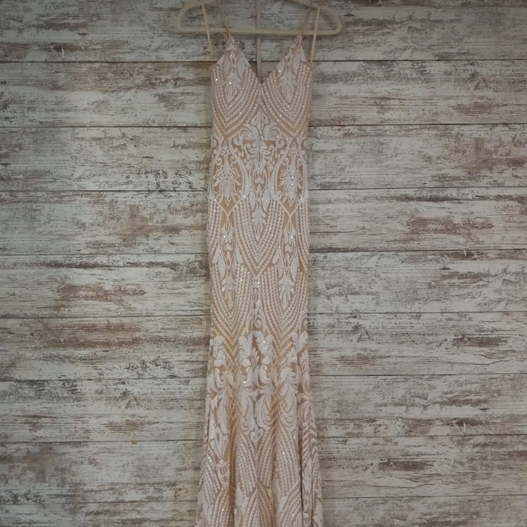 IVORY/TAN LONG EVENING GOWN
