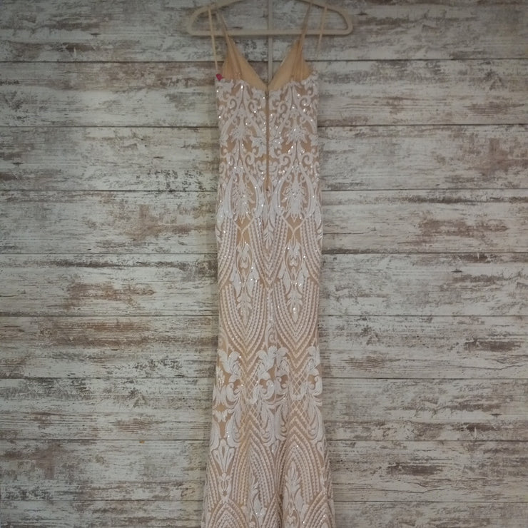 IVORY/TAN LONG EVENING GOWN