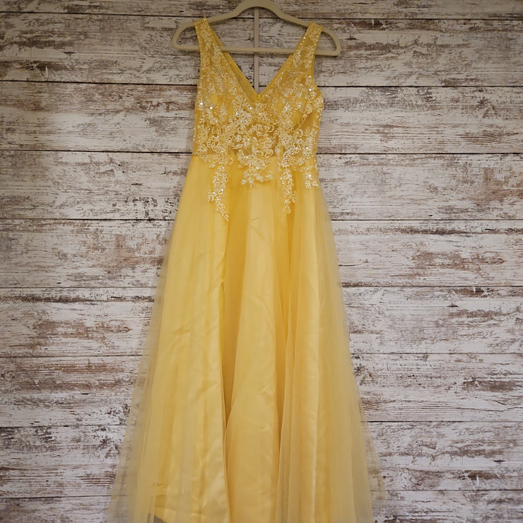 YELLOW FLORAL A LINE GOWN