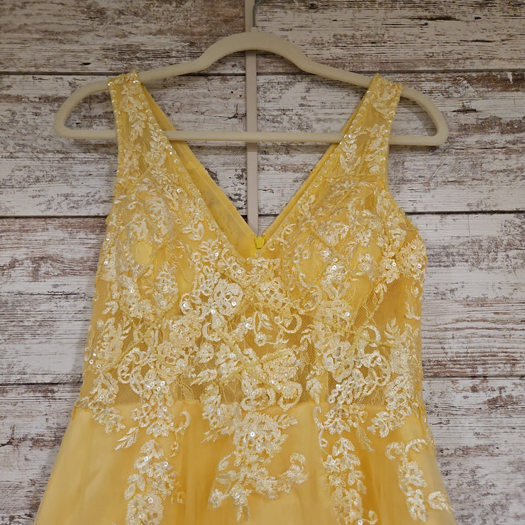 YELLOW FLORAL A LINE GOWN