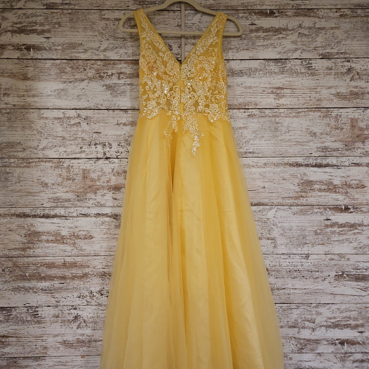 YELLOW FLORAL A LINE GOWN