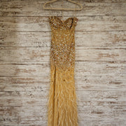 GOLD BEADED FEATHER LONG DRESS