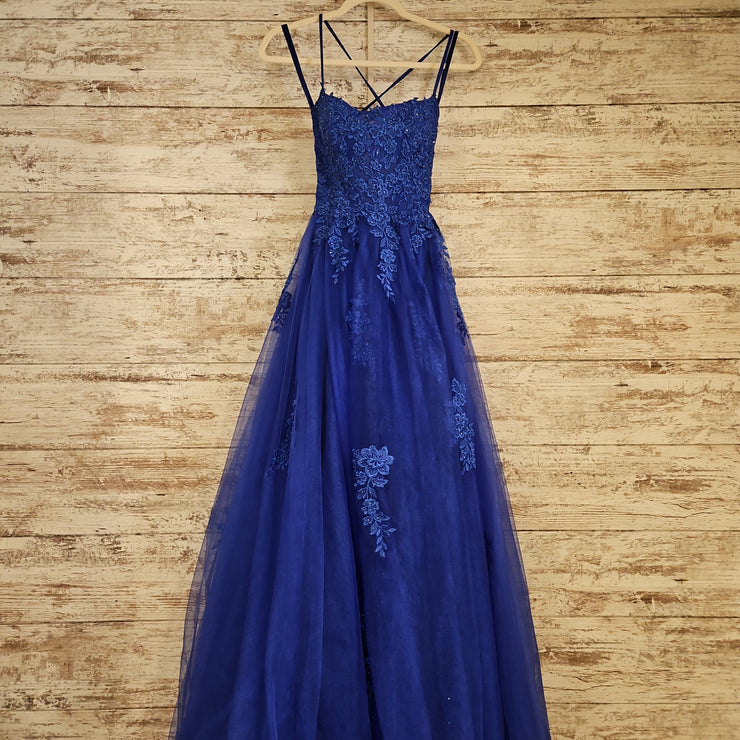 ROYAL BLUE/FLORAL A LINE GOWN