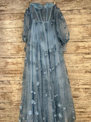 BLUE A LINE GOWN W/SLEEVES-NEW