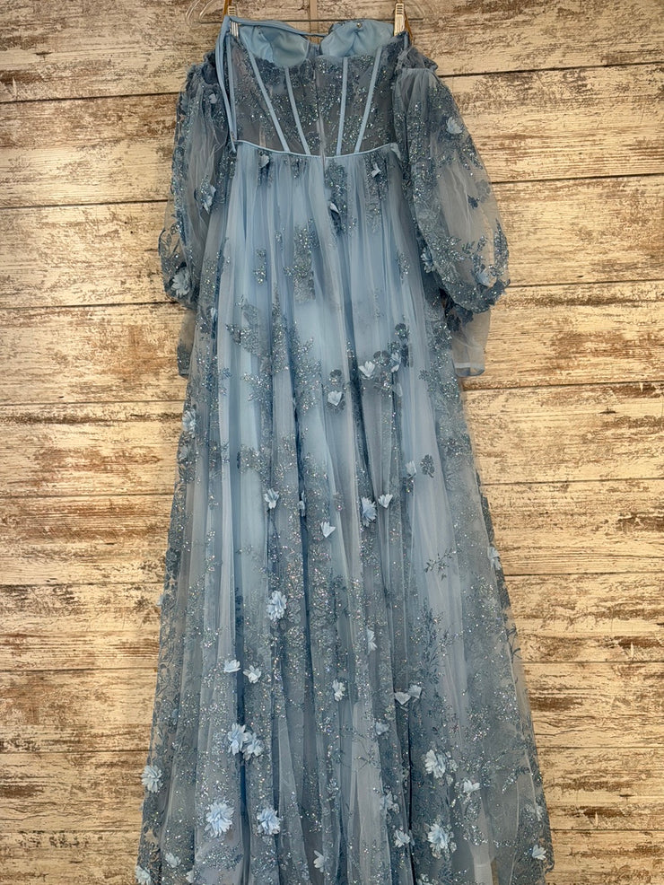 BLUE A LINE GOWN W/SLEEVES-NEW