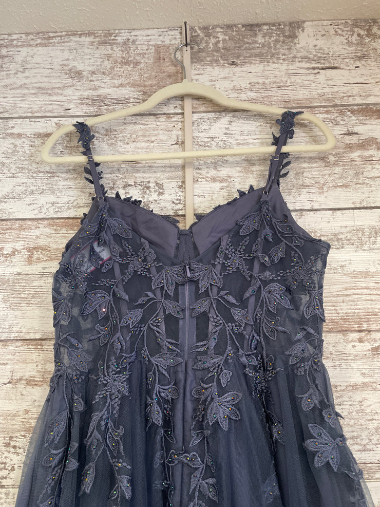GRAY/BLUE FLORAL A LINE GOWN