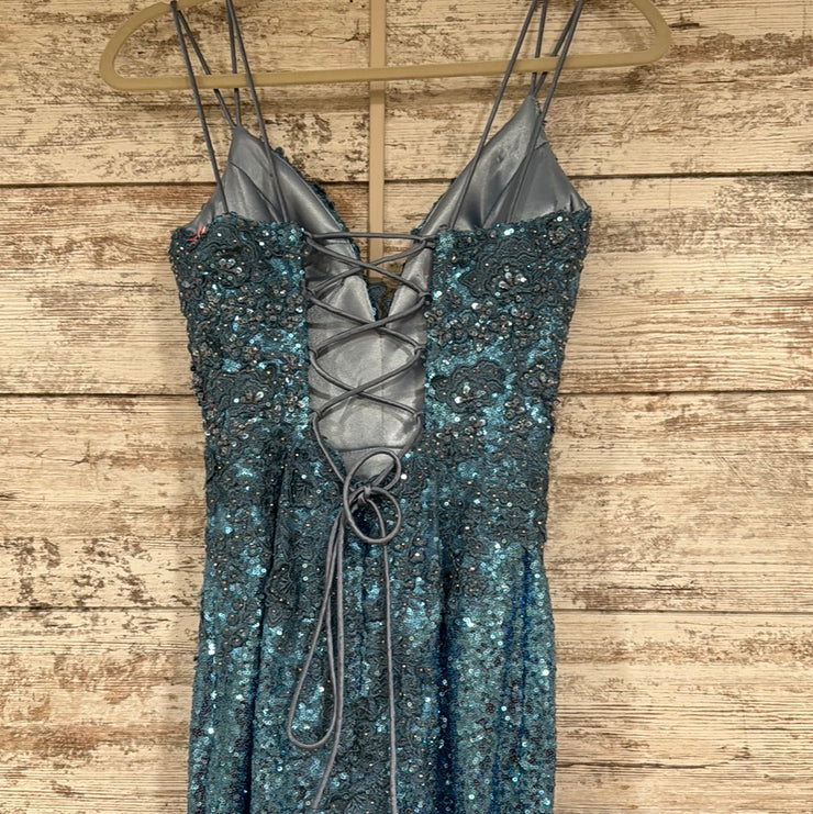 BLUE/FLORAL SEQUIN LONG DRESS