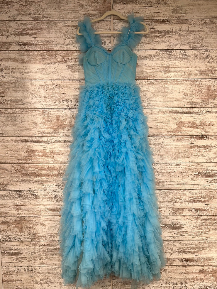 BLUE RUFFLED A LINE GOWN