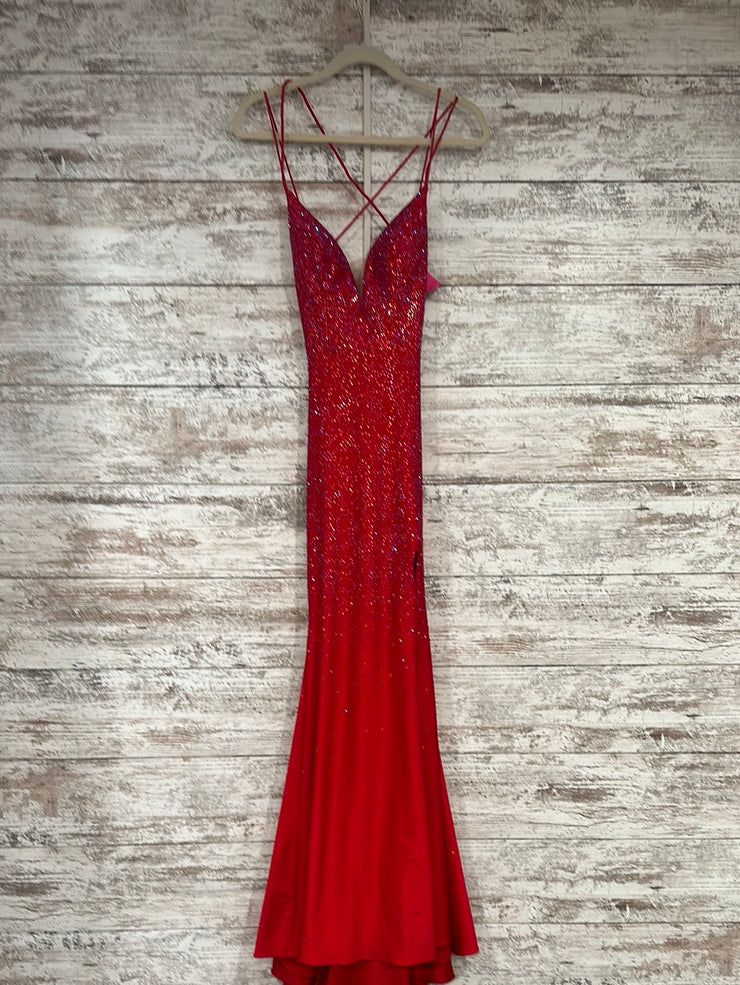 RED BEADED LONG EVENING GOWN