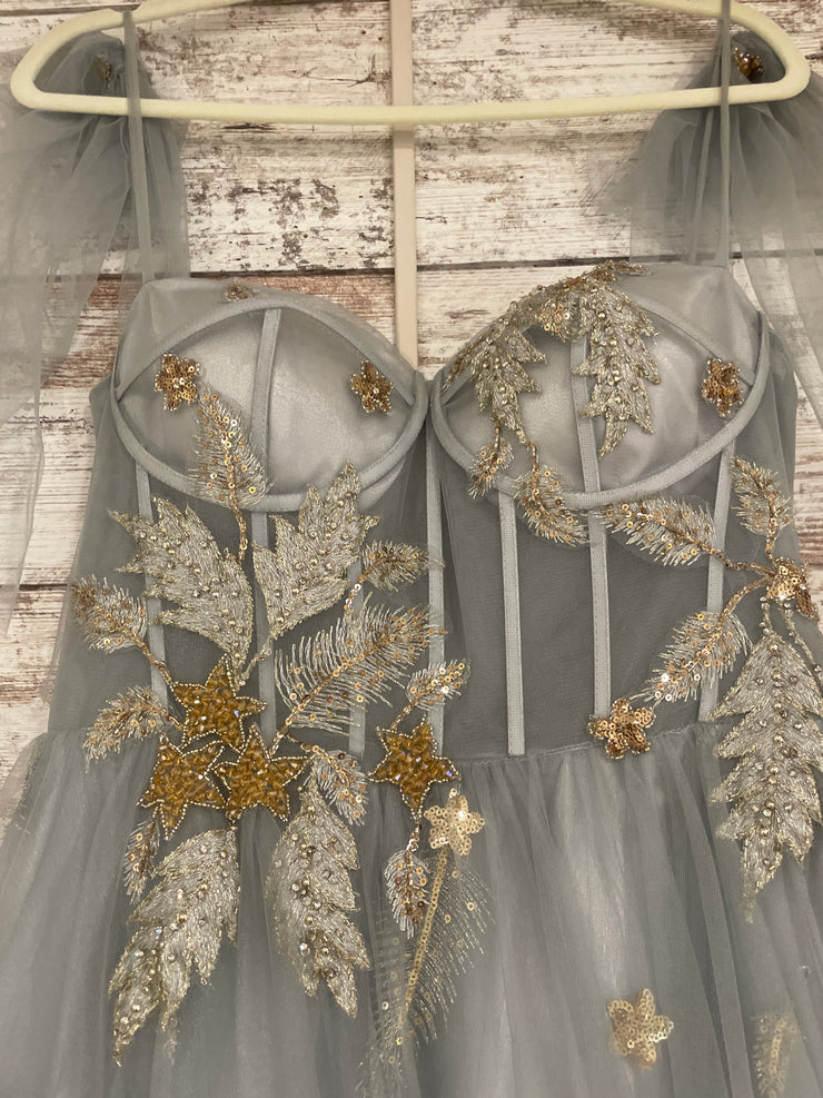 GRAY/GOLD FLORAL A LINE GOWN
