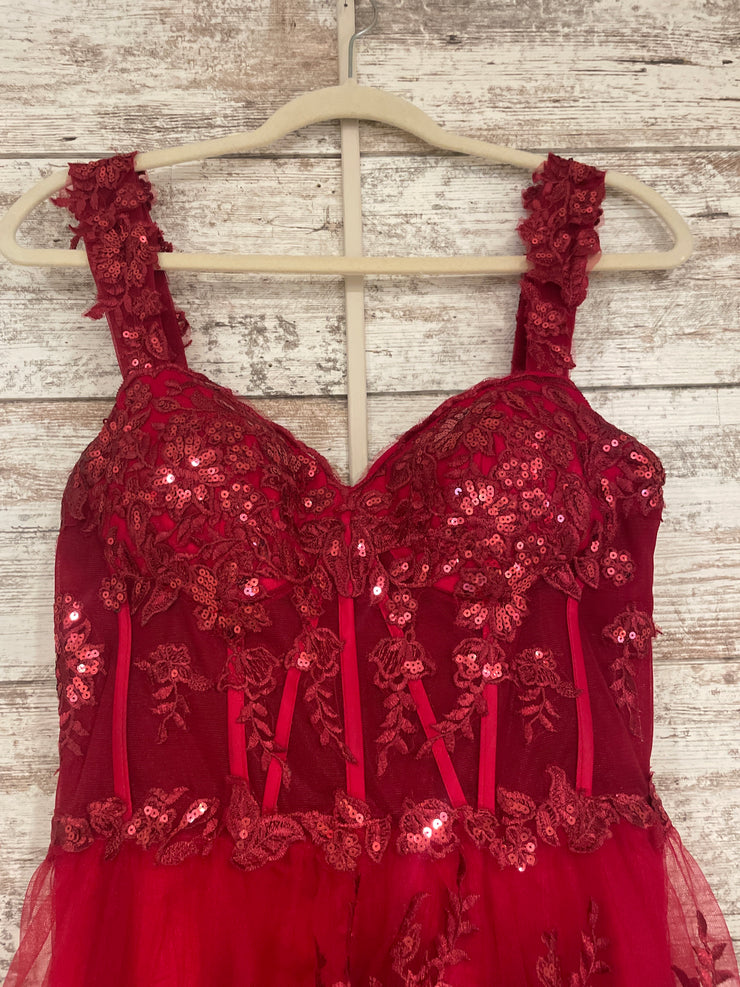 RED/FLORAL TIERED A LINE DRESS
