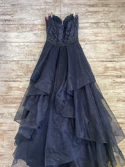 NAVY RUFFLED A LINE GOWN