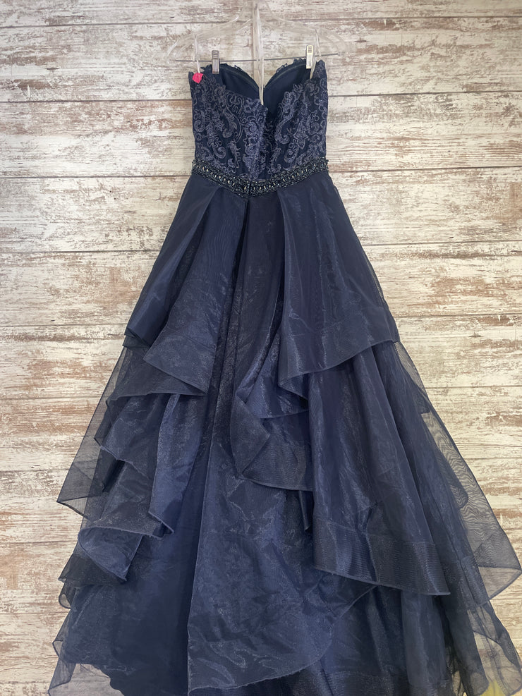 NAVY RUFFLED A LINE GOWN