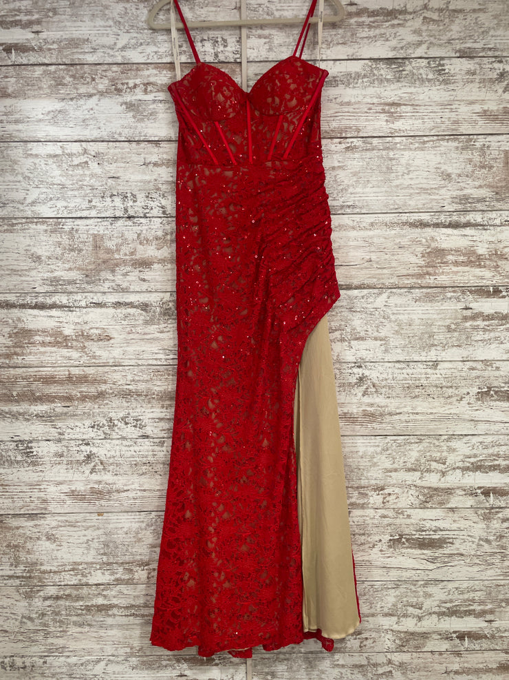RED LACE LONG EVENING GOWN