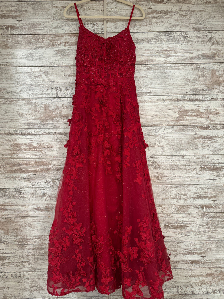 RED/FLORAL SPARKLY A LINE GOWN