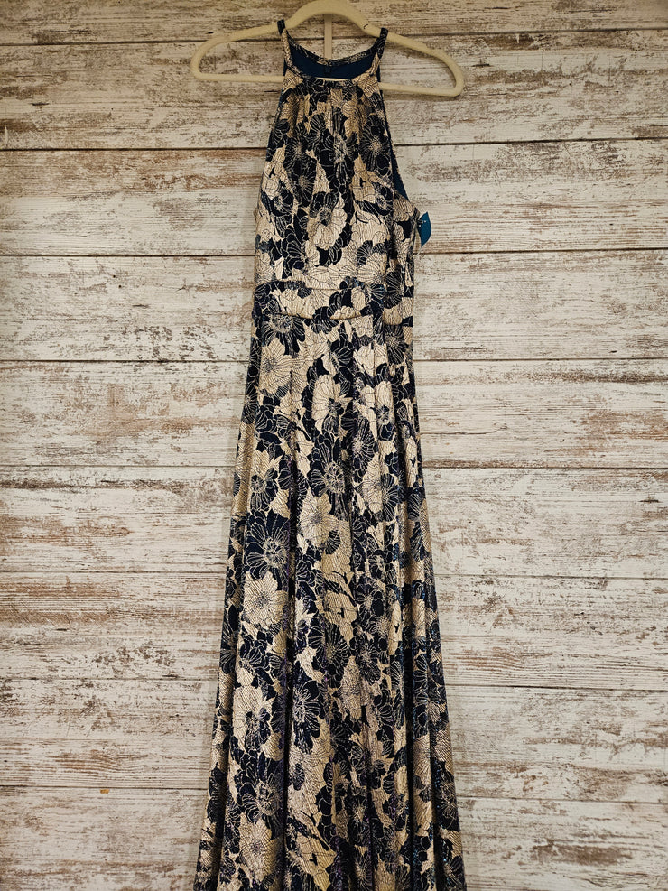BLUE/GOLD FLORAL A LINE GOWN