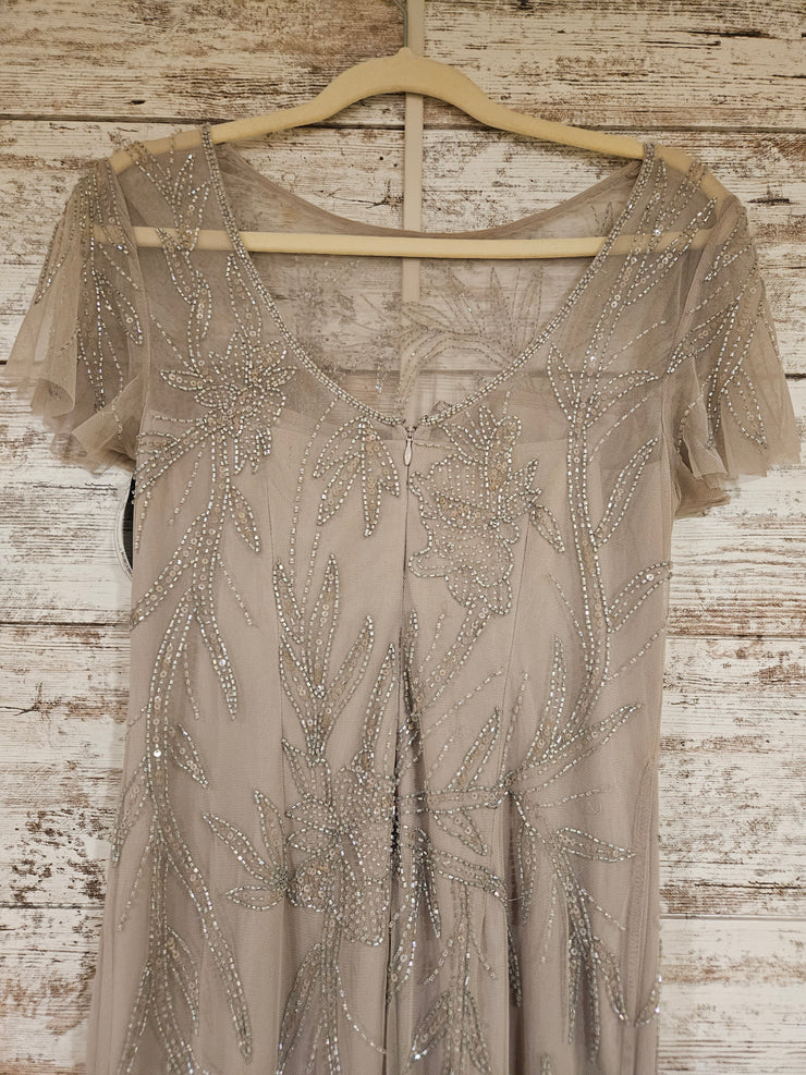 TAN BEADED LONG EVENING GOWN