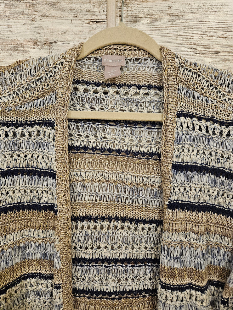 IVORY/BLUE/GOLD OPEN CARDIGAN