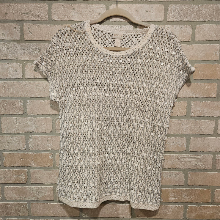 WHITE/SILVER CROCHET TOP $109