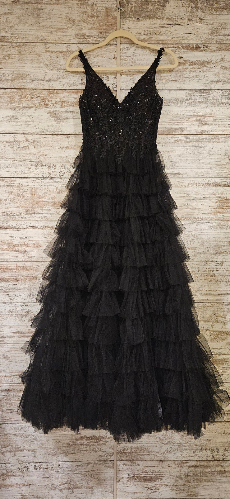 BLACK TIERED A LINE GOWN