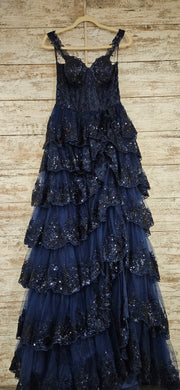 NAVY TIERED A LINE GOWN $950