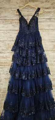 NAVY TIERED A LINE GOWN $950