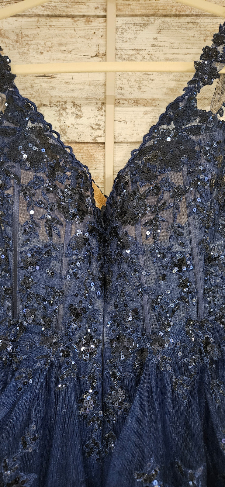 NAVY TIERED A LINE GOWN $950