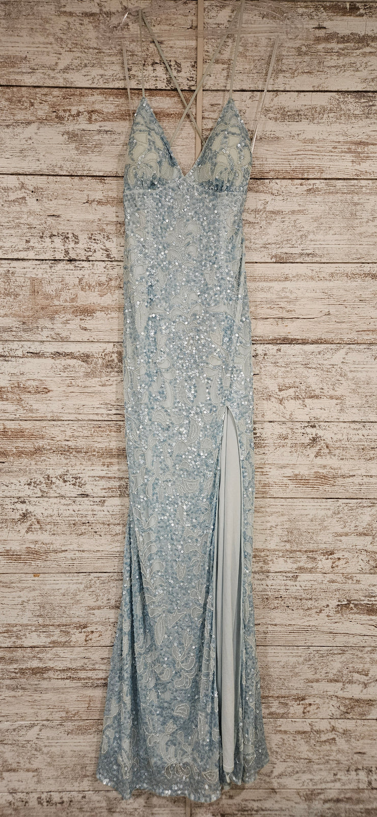 BLUE BEADED LONG EVENING GOWN