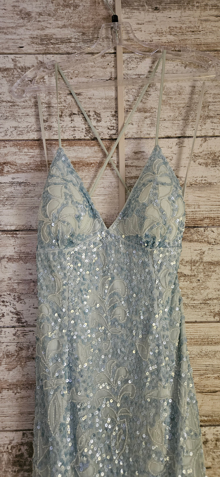 BLUE BEADED LONG EVENING GOWN